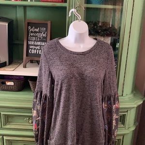 Gray Sweater Top, Embroidery Detail on Sleeves